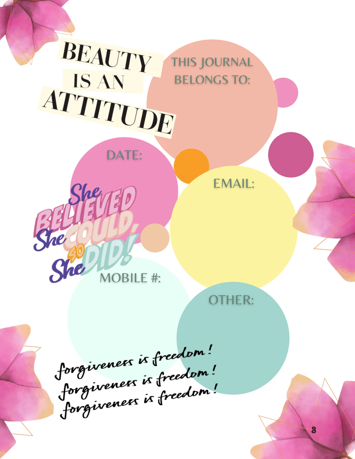 Page 3: This journal belongs to, with spaces for contact details