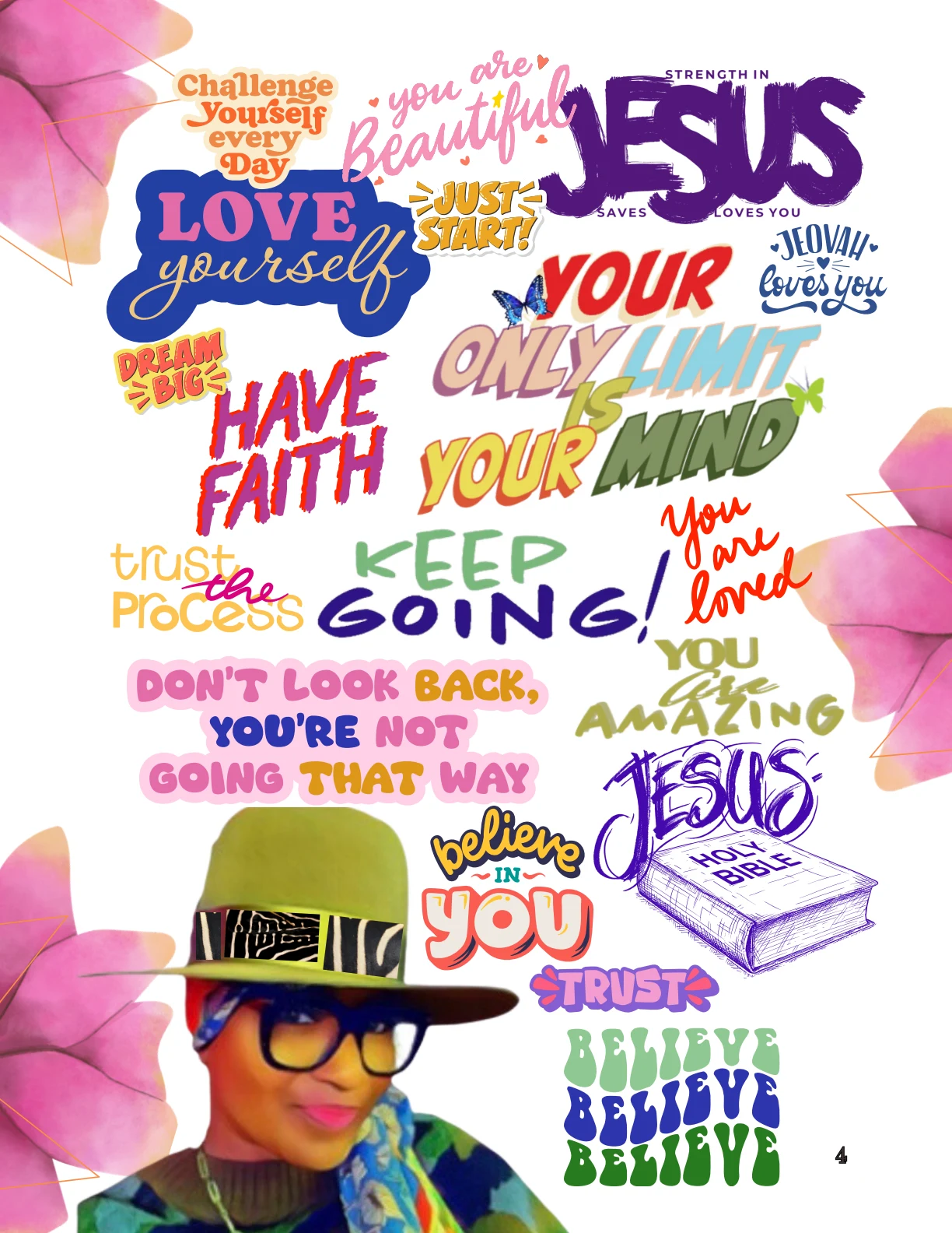 Page 4: colorful affirmations including Love yourself, Have faith, and Believe in you